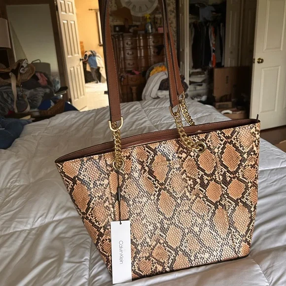 NWT Calvin Klein Tan and Black Snake-Print Chain-Handle Tote - Picture 4 of 9